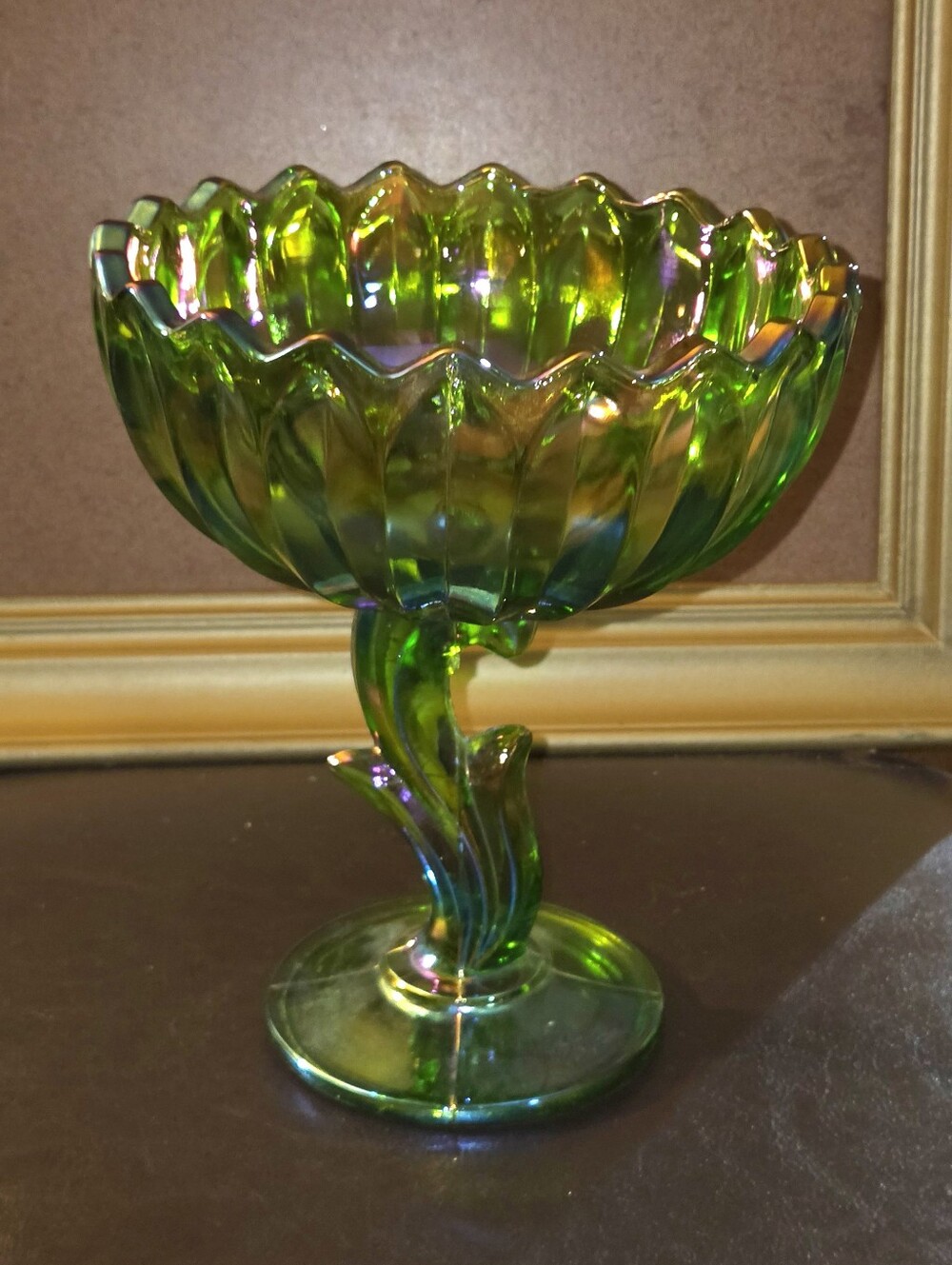 Vintage Indiana Iridescent Green Carnival Glass Lotus Open Blossom Compote